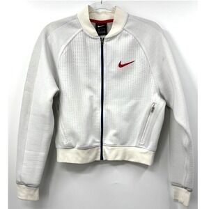 Nike Tech Jacket Womens Fleece Full Zip Collared White Red‎ Size M CZ3619-100